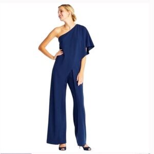 ADRIANNA PAPELL One Shoulder Wrap Hem Navy Jumpsuit 14